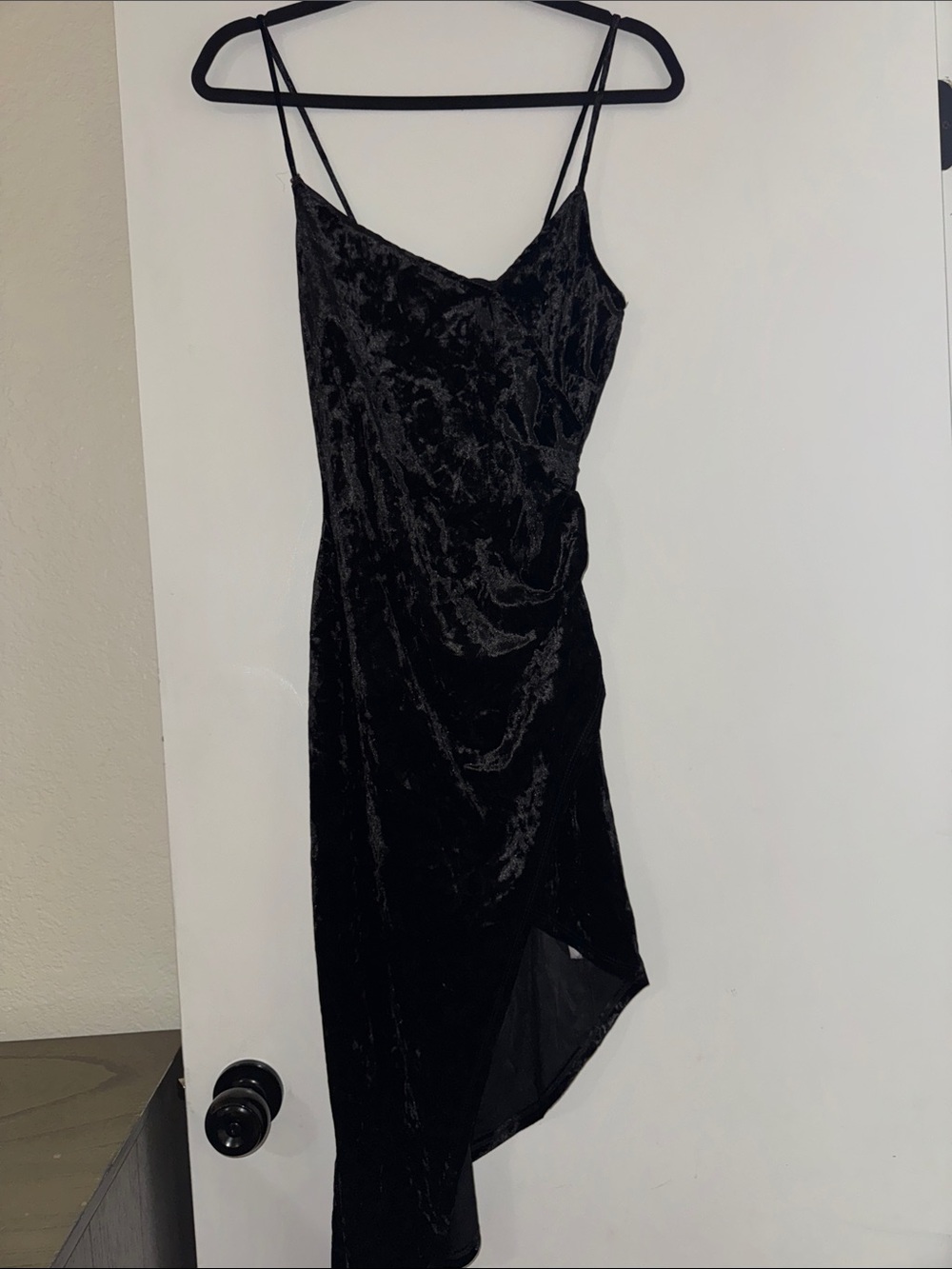 The Vintage Shop Black Crushed Velvet Asymmetrical Slip Dress